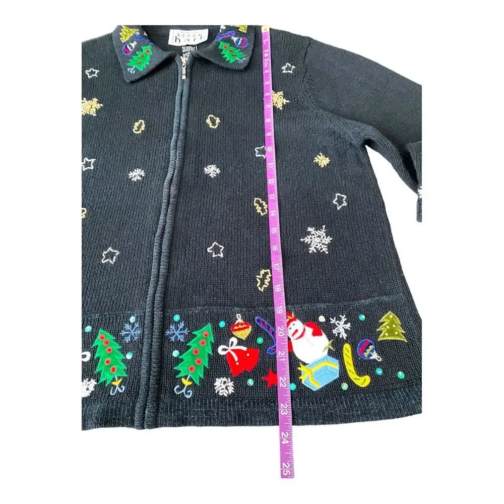 Keren Hart Vintage Embroidered‎ Christmas Zip Up Black Cardigan, Size Large